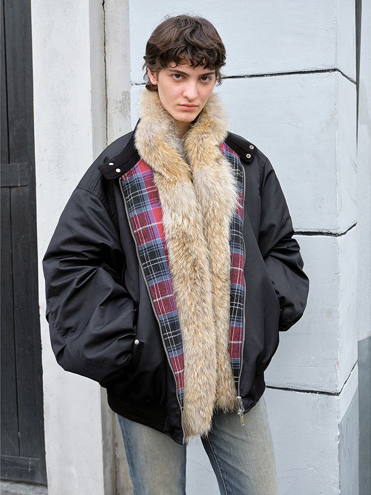 "Urban Casual" black down parka with detachable fur collar and plaid lining — front view