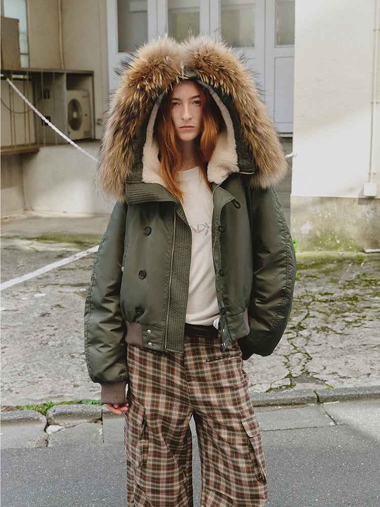 Raccoon Fur Collar Down Bomber Jacket with Detachable Hood and Waterproof Shell