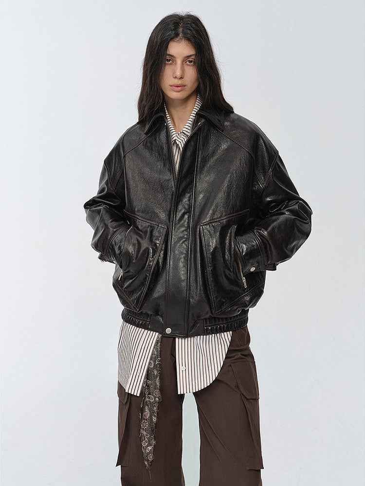New York International Student Imported Waxed Leather Bomber Jacket