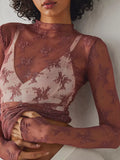 Lace Mock Neck Long Sleeve Blouse in dark brown