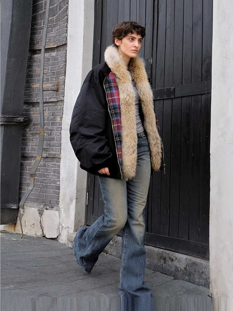 "Urban Casual" down parka with detachable fur collar, worn open outdoors