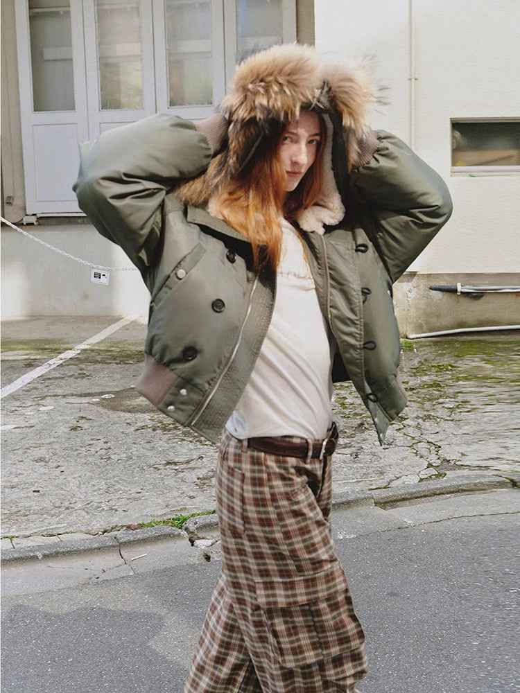 Raccoon Fur Collar Down Bomber Jacket with Detachable Hood and Waterproof Shell