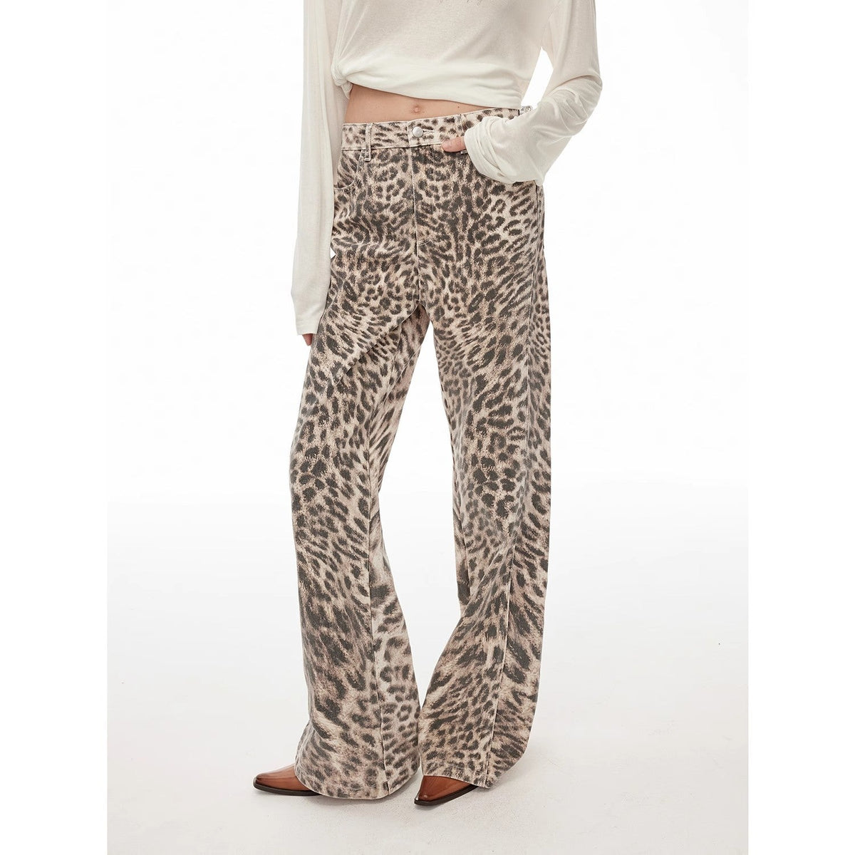 "Wild Roar" Leopard Print Washed Straight-Leg Bootcut Jeans