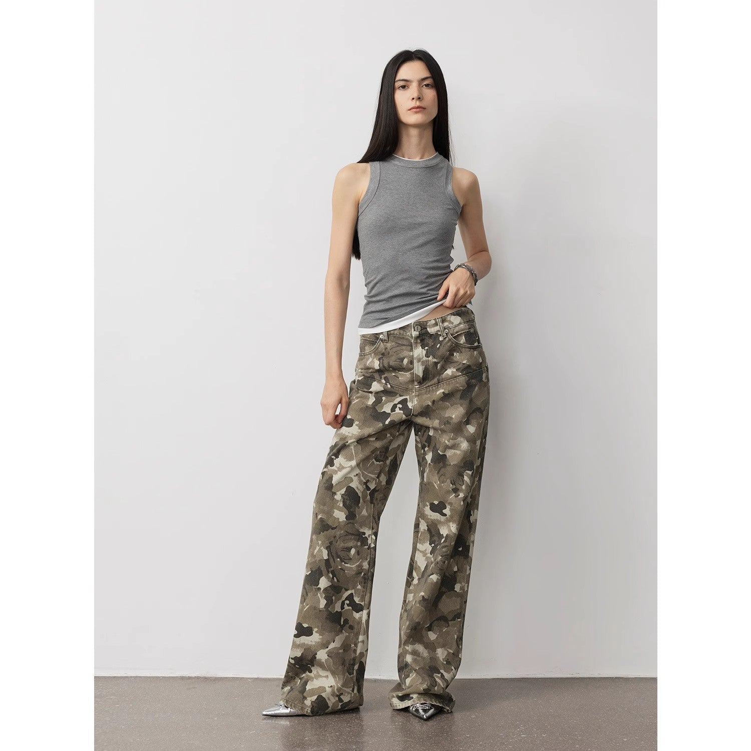 “Camouflage Charm” Washed Camouflage Print Loose Straight-Leg Denim Jeans