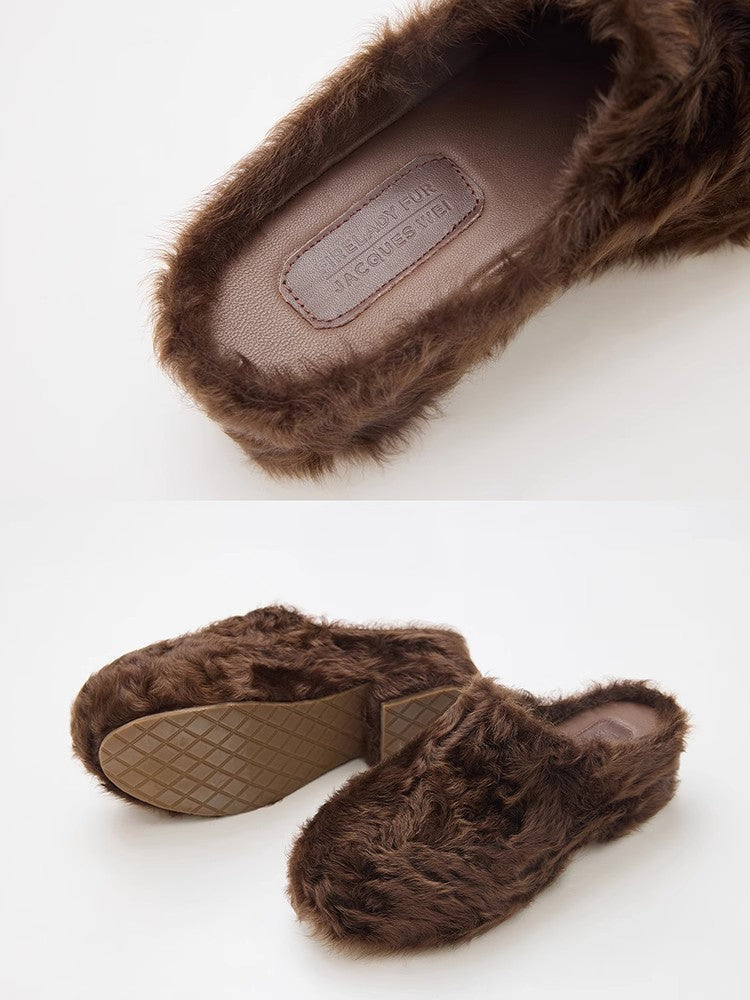 FF × JW cocoa brown fur slides showing the platform sole and fur lining
