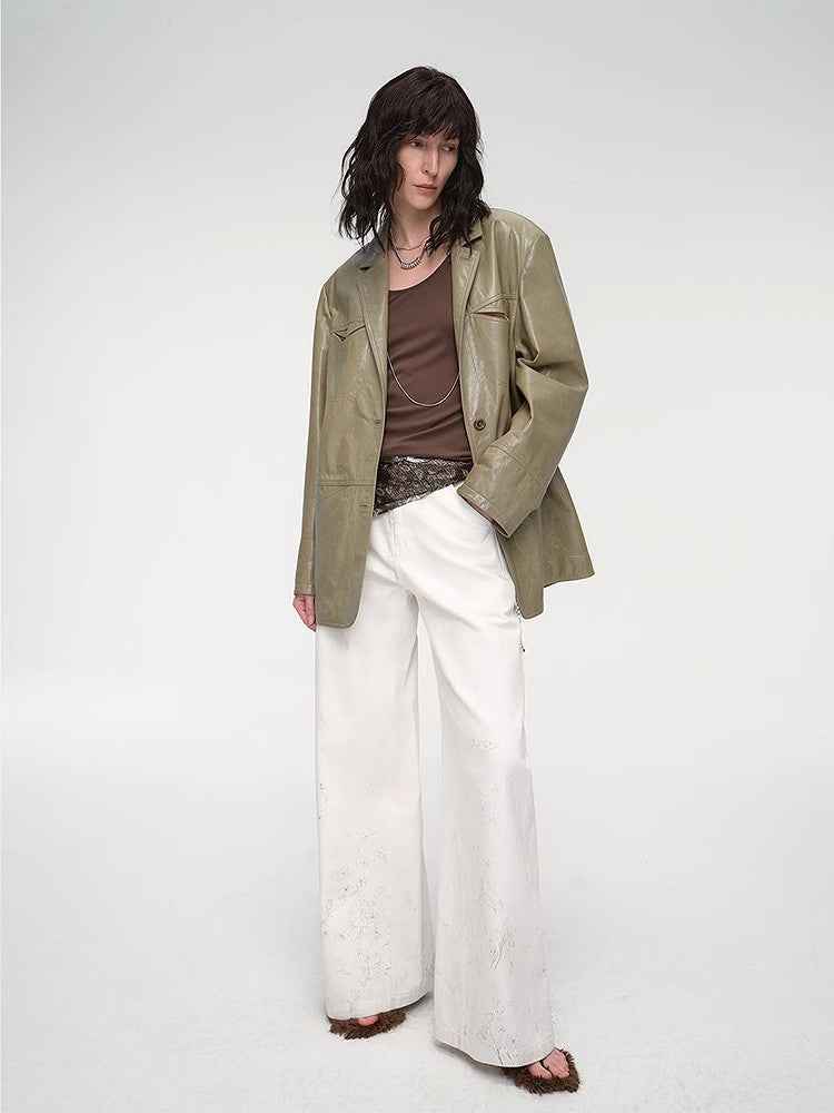 "Windsor Past" Wide-Shoulder Waxed Leather Suit Jacket