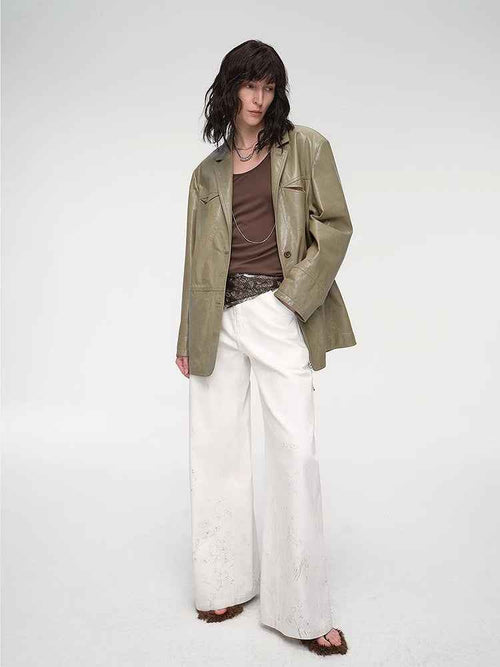 "Windsor Past" Wide-Shoulder Waxed Leather Suit Jacket