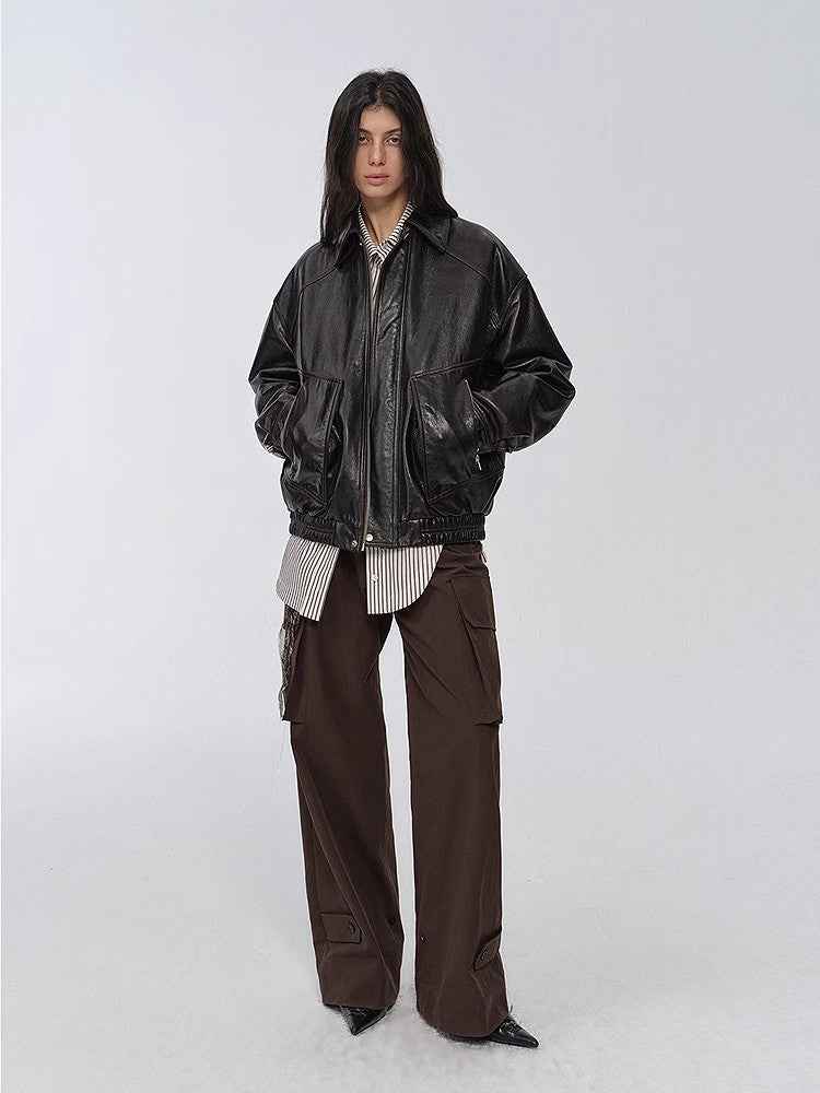 New York International Student Imported Waxed Leather Bomber Jacket