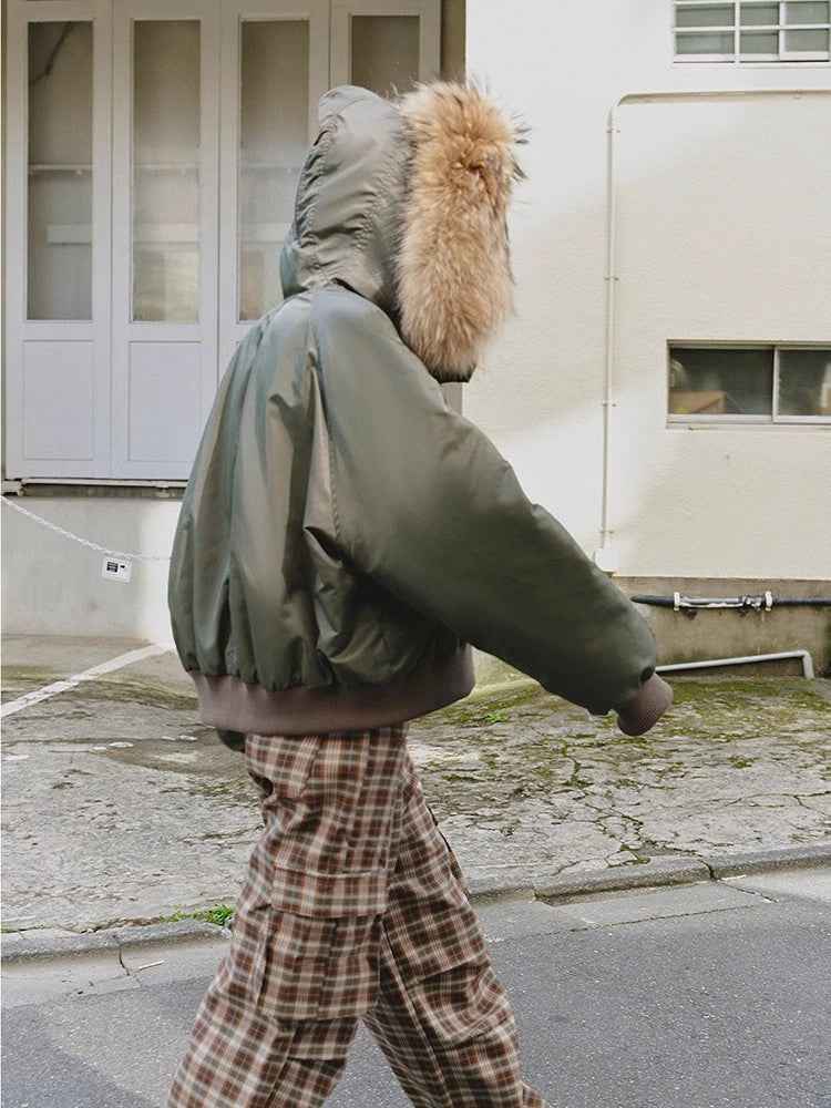 Raccoon Fur Collar Down Bomber Jacket with Detachable Hood and Waterproof Shell