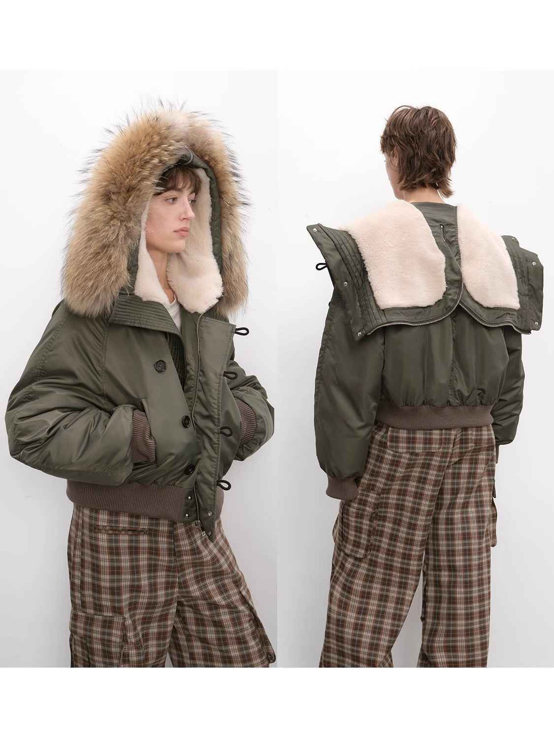 Raccoon Fur Collar Down Bomber Jacket with Detachable Hood and Waterproof Shell
