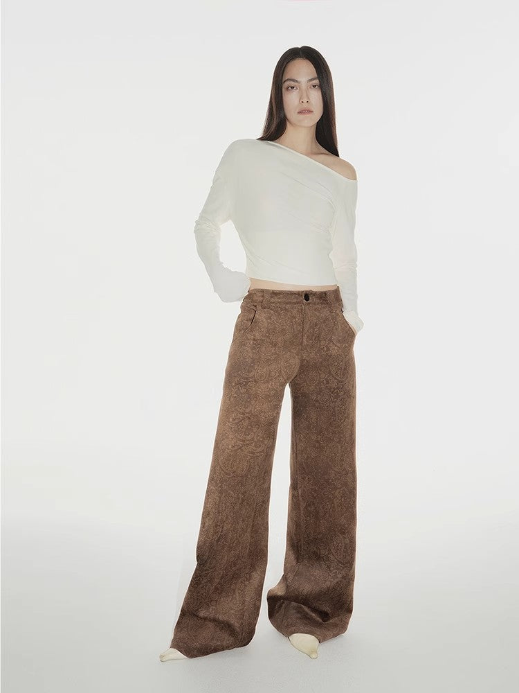 Custom Title — "Vintage Walk" Retro Chenille Suede Mid-Rise Paisley Print Pants