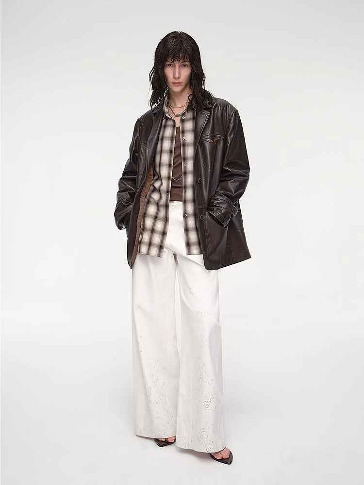 "Windsor Past" Wide-Shoulder Waxed Leather Suit Jacket