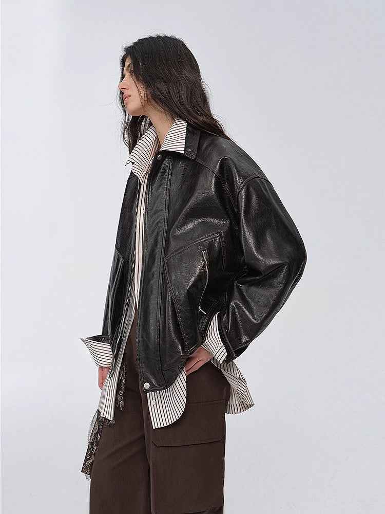 New York International Student Imported Waxed Leather Bomber Jacket