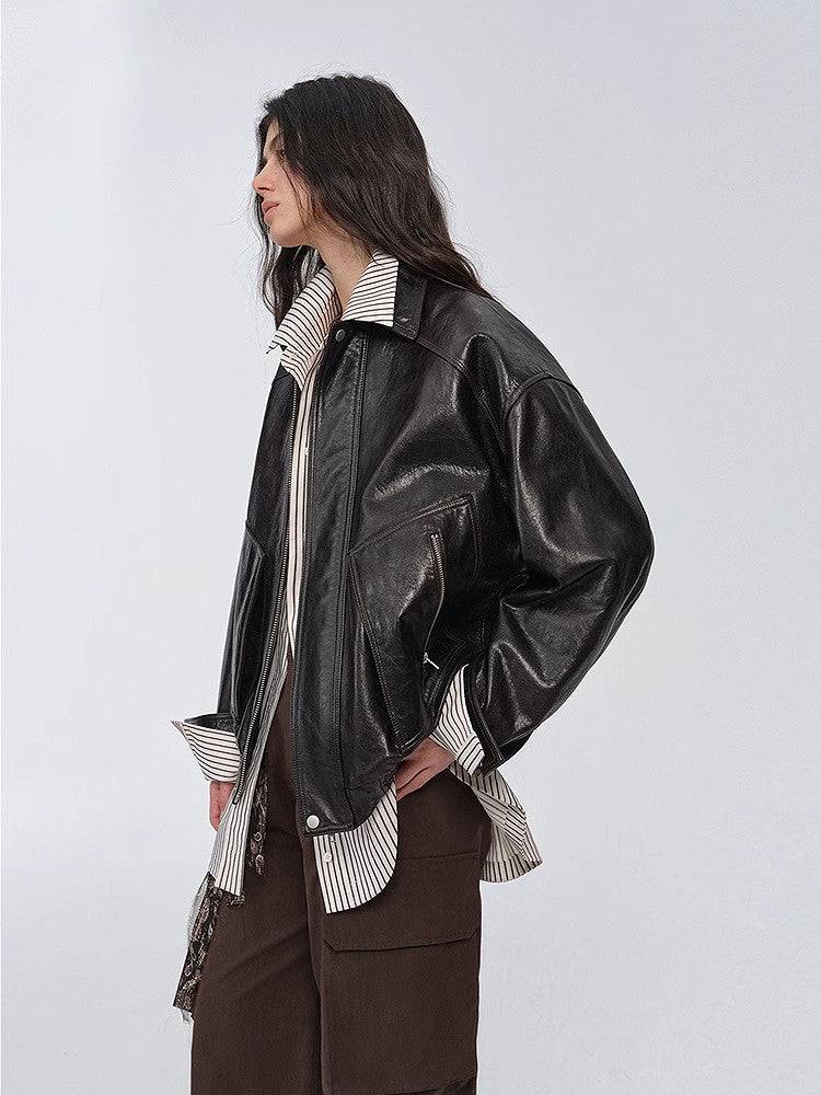 "New York Student" Retro Waxed Leather Bomber Jacket