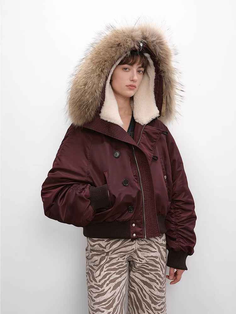 Raccoon Fur Collar Down Bomber Jacket with Detachable Hood and Waterproof Shell