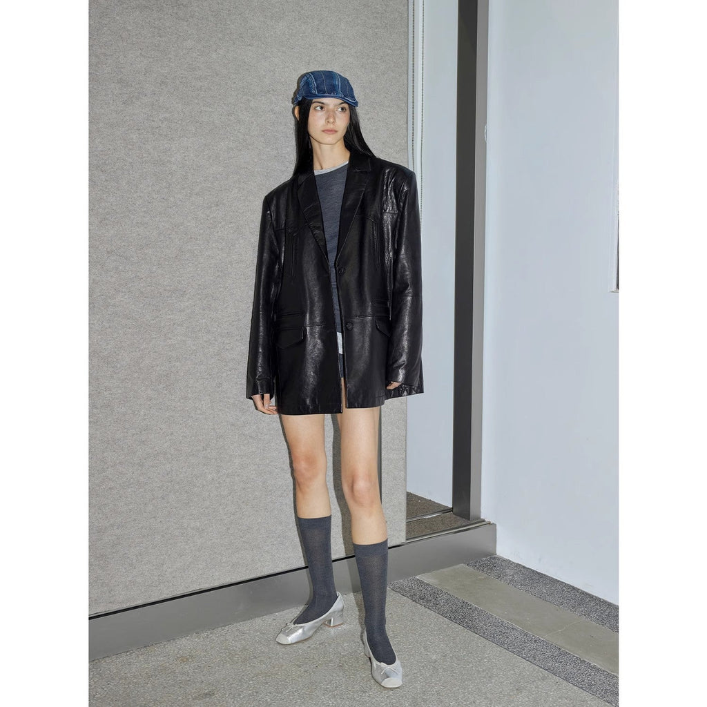 “Nostalgic Denim” Custom-Dyed Washed Goat Leather Blazer for Women and Men