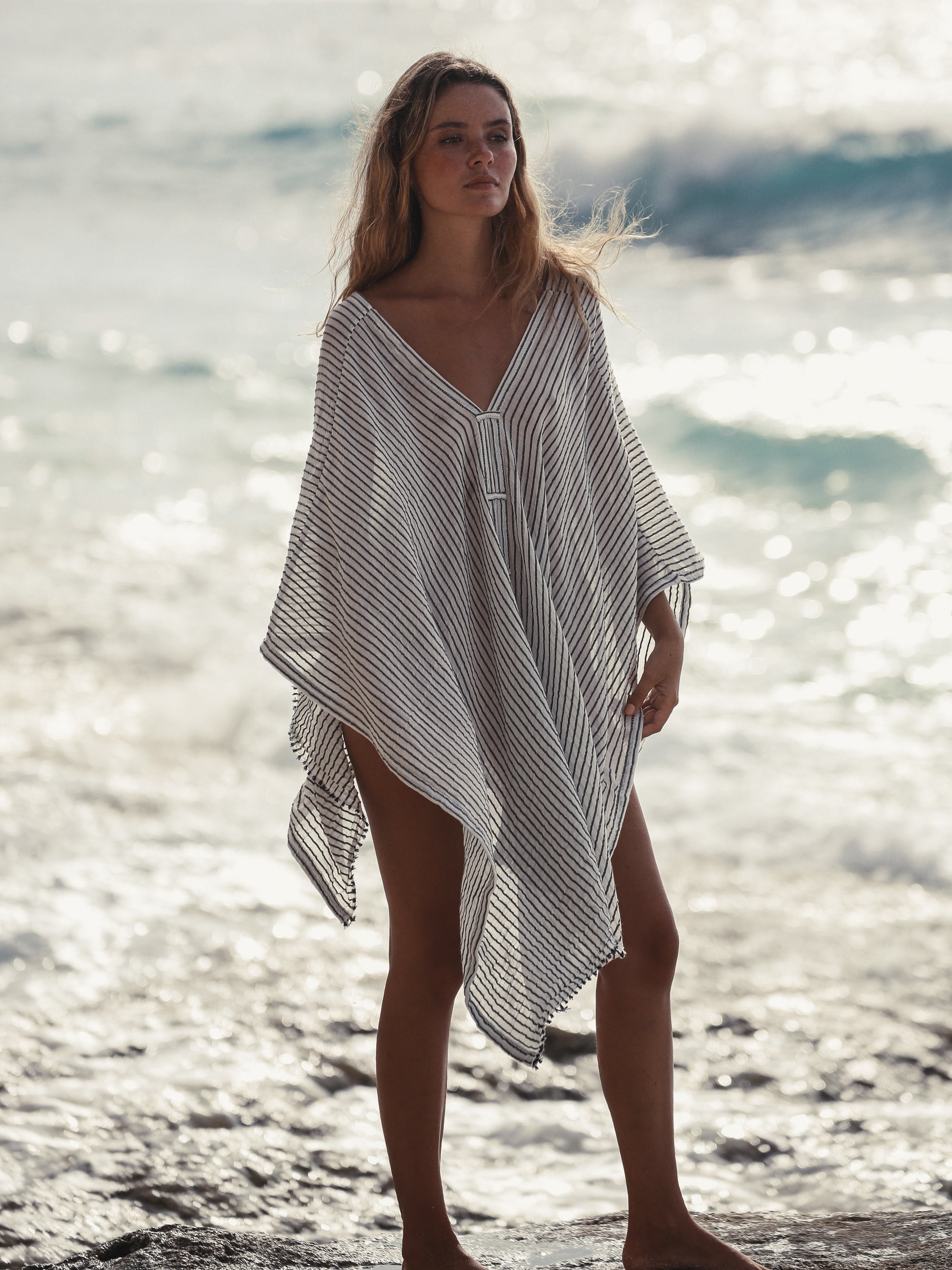 Ava Kimono in Black Stripes – Hand-Loomed Turkish Cotton Beach Kaftan