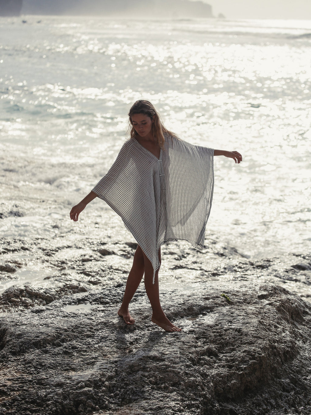 Ava Kimono in Black Stripes – Hand-Loomed Turkish Cotton Beach Kaftan
