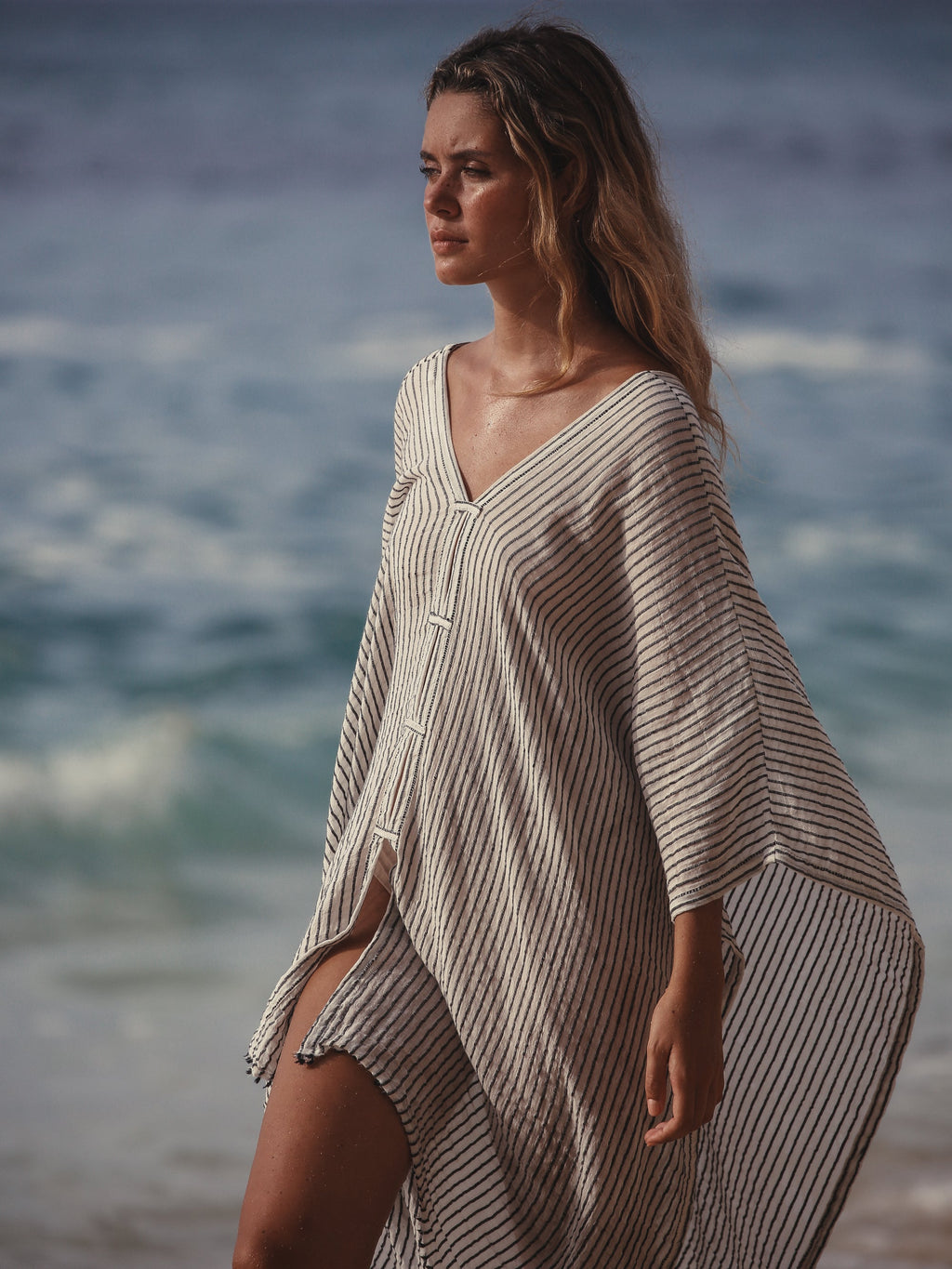Ava Kimono in Black Stripes – Hand-Loomed Turkish Cotton Beach Kaftan