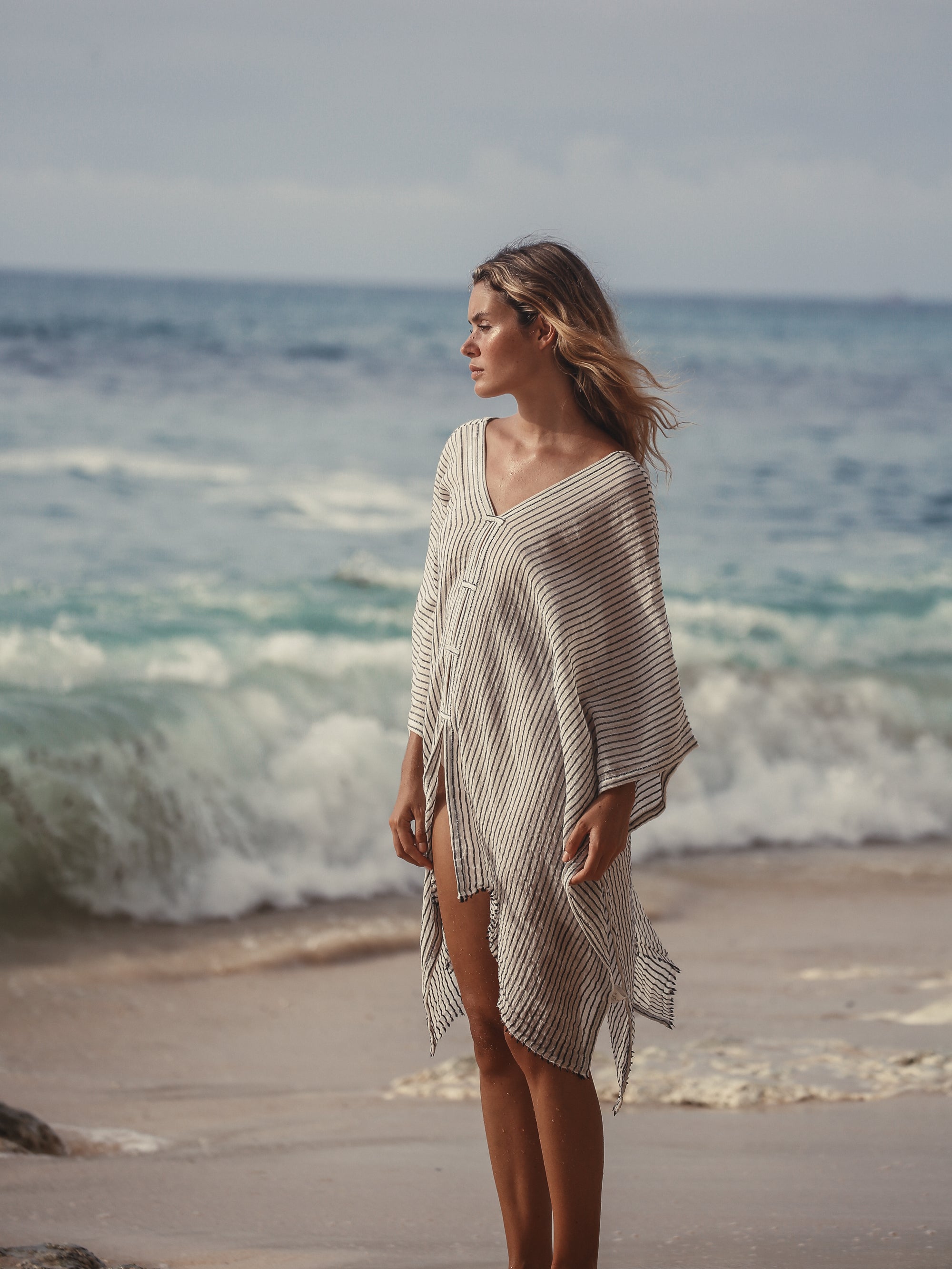Ava Kimono in Black Stripes – Hand-Loomed Turkish Cotton Beach Kaftan