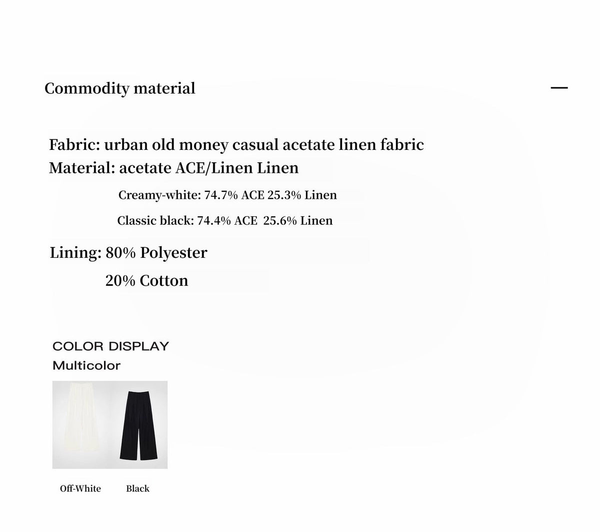 "Relaxed Old Money" pants fabric composition and color swatches: acetate and linen blend