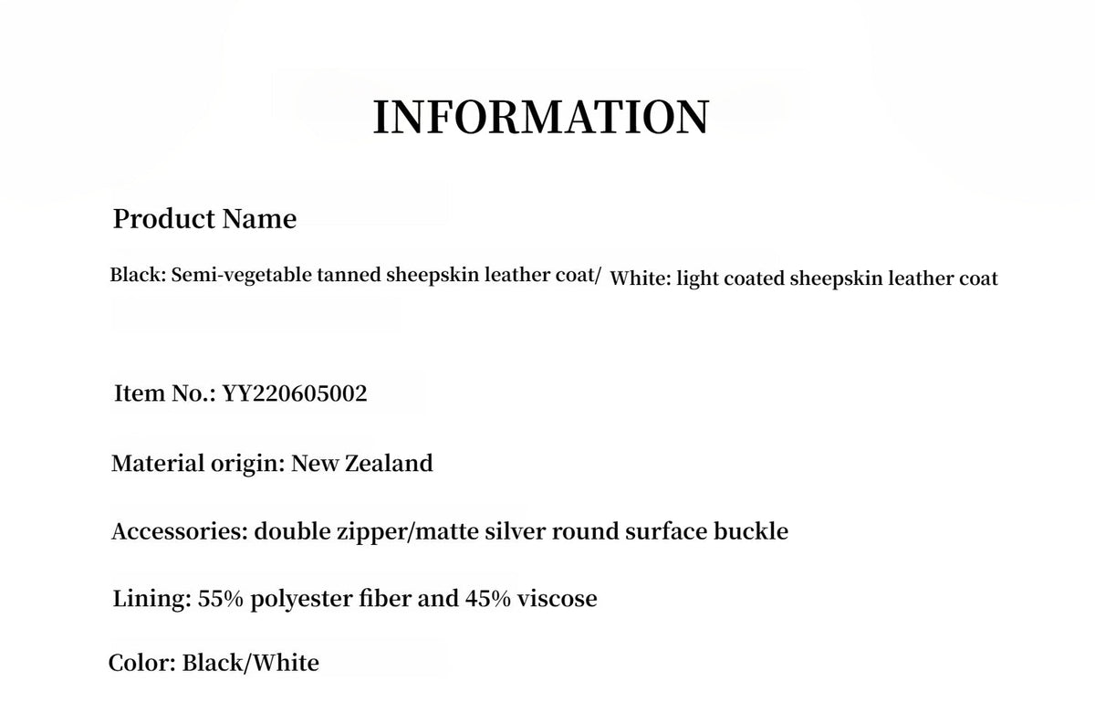 "Retro Film" jacket product details: New Zealand sheep leather, double zippers, polyester-viscose lining, black or white
