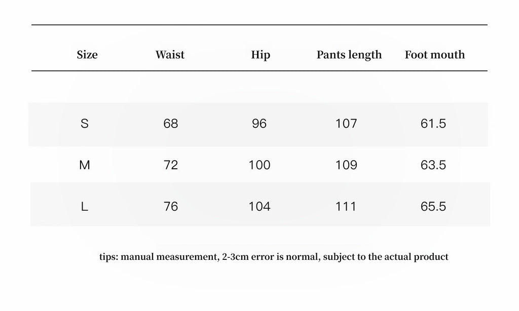 "Seaside Café" corduroy pants size chart: waist, hip, pants length and foot opening for S, M, L