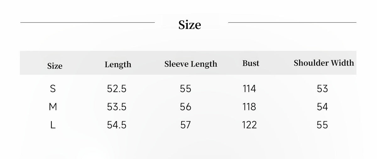 "Retro Film" motorcycle leather jacket size chart: length, sleeve length, bust and shoulder width for S, M, L