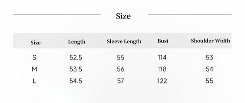 "Retro Film" motorcycle leather jacket size chart: length, sleeve length, bust and shoulder width for S, M, L