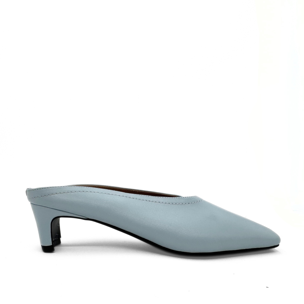Junie Heeled Leather Mule in blue — side view