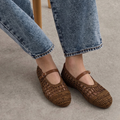 Elaina Raffia Mary Janes in tan — styled on model