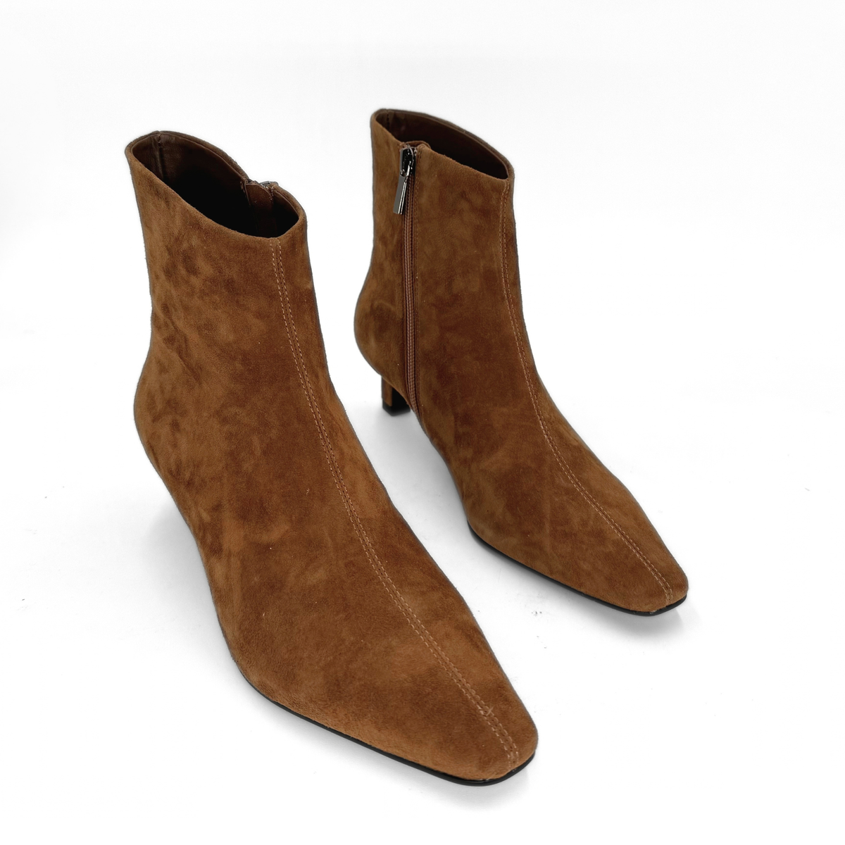 Tess Kitten Heel Booties in tan suede — pair, angled view