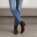 Tess Kitten Heel Booties in brown suede — styled on model