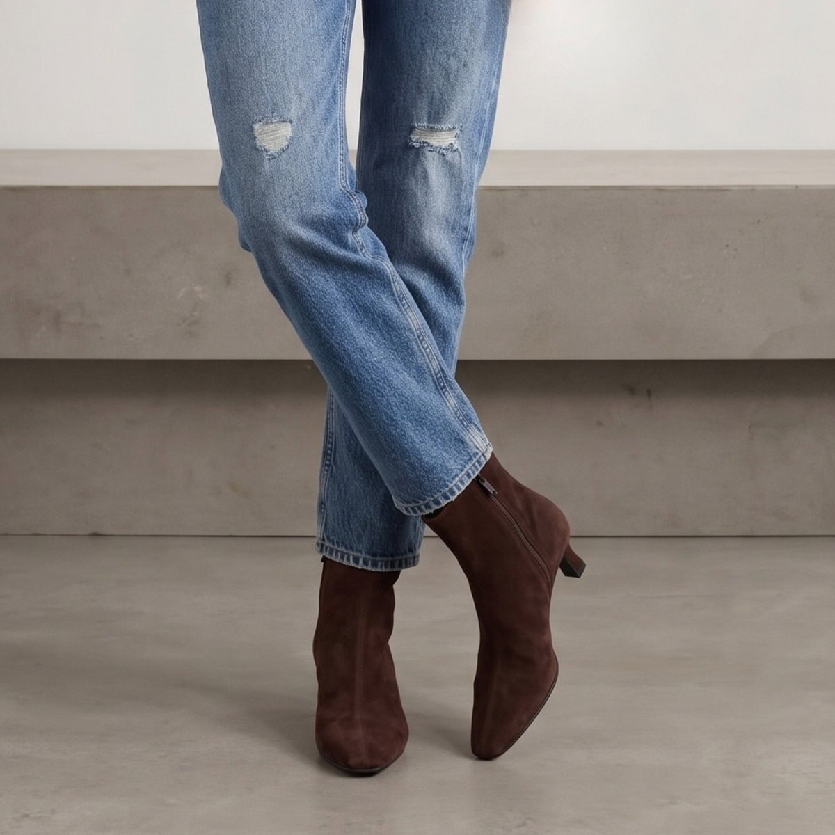 Tess Kitten Heel Booties in brown suede — styled on model