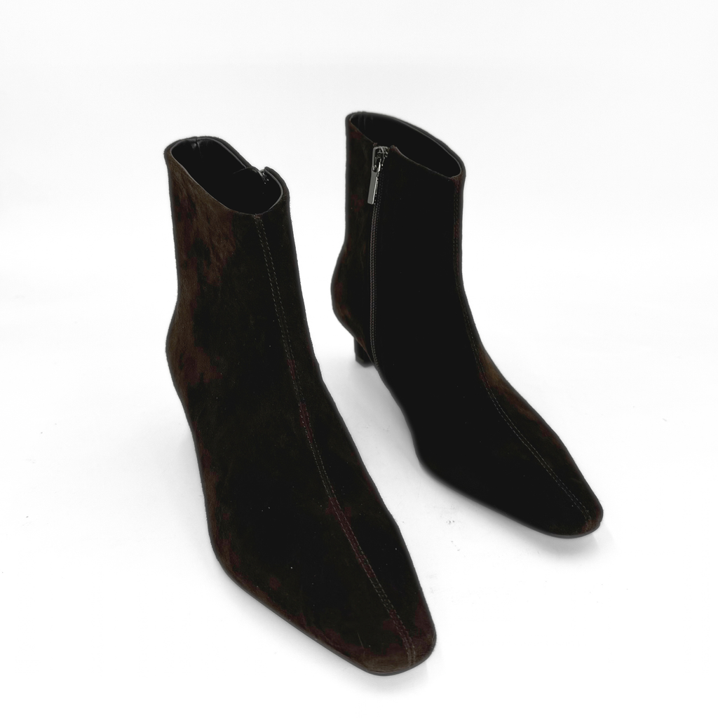 Tess Kitten Heel Booties in brown suede — pair, angled view