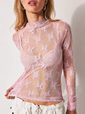 Lace Mock Neck Long Sleeve Blouse in blush pink