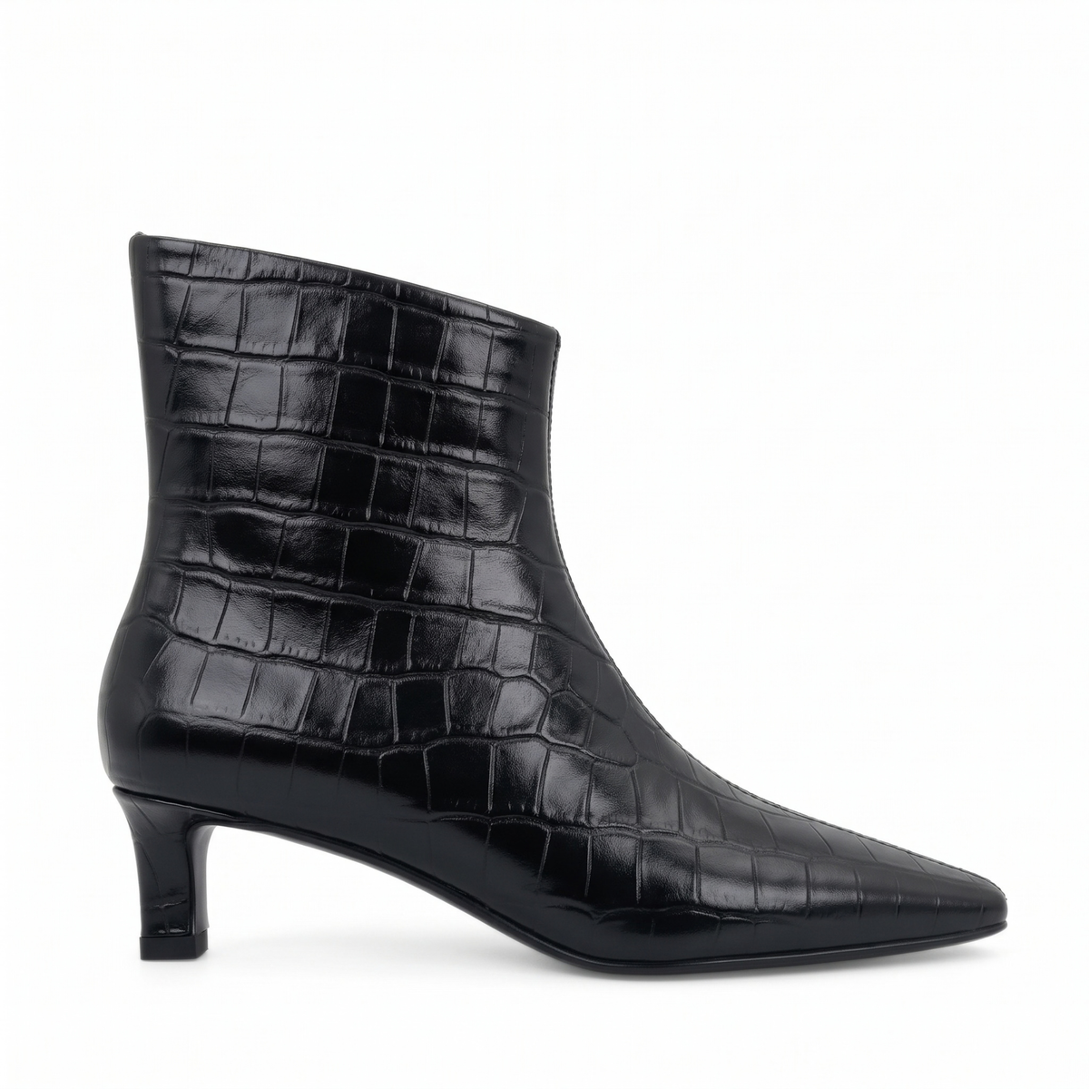Tess Kitten Heel Booties in black croc — side view