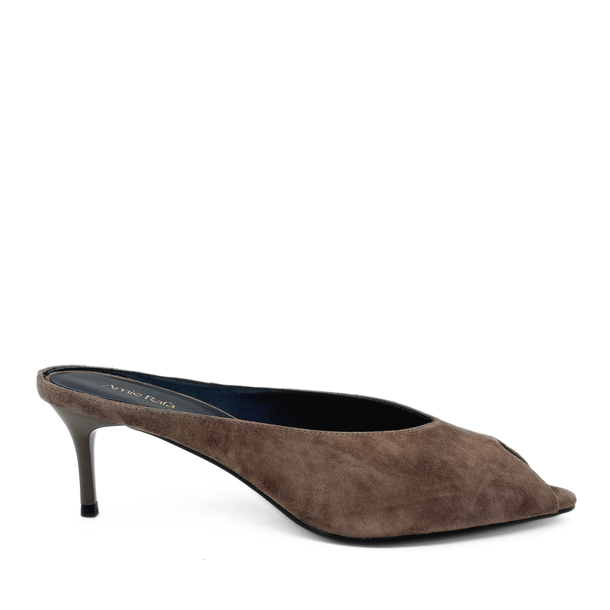 Audrey II Peeptoe Suede Mule in taupe — side view
