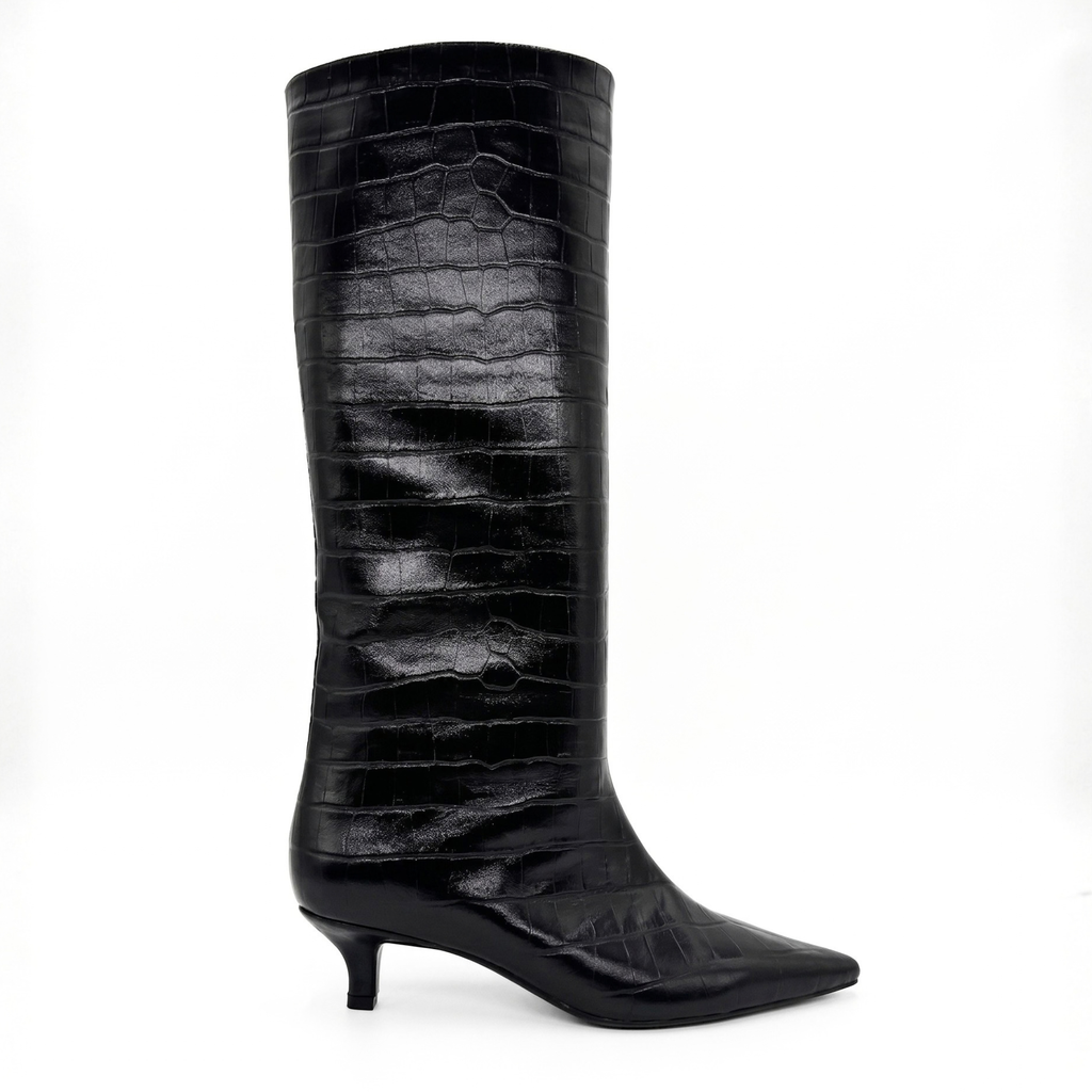Ari Knee-High Glossed Leather Boots in black croc — side view