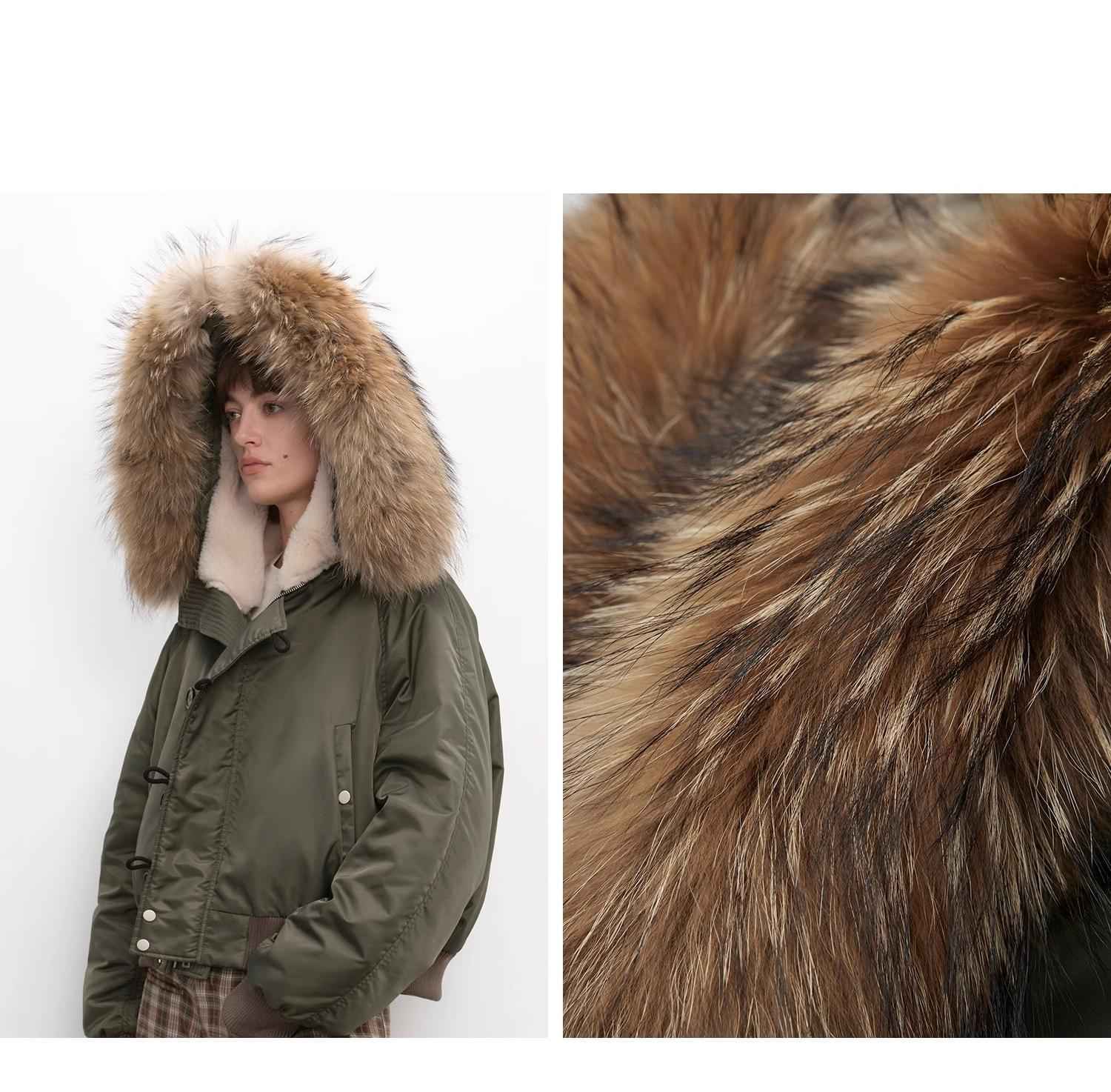 Raccoon Fur Collar Down Bomber Jacket with Detachable Hood and Waterproof Shell