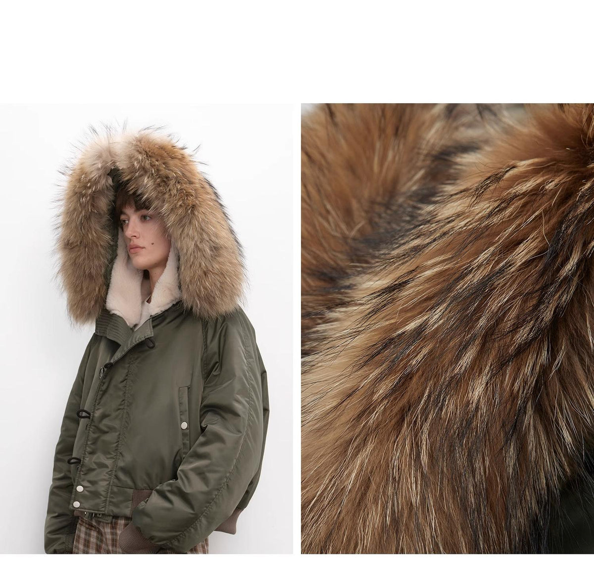 Raccoon Fur Collar Down Bomber Jacket with Detachable Hood and Waterproof Shell