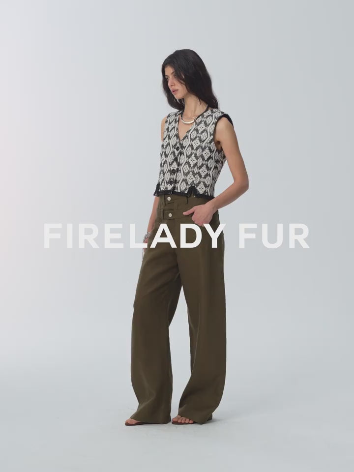 "Venice" jacquard vest styled with olive wide-leg trousers, full-length view