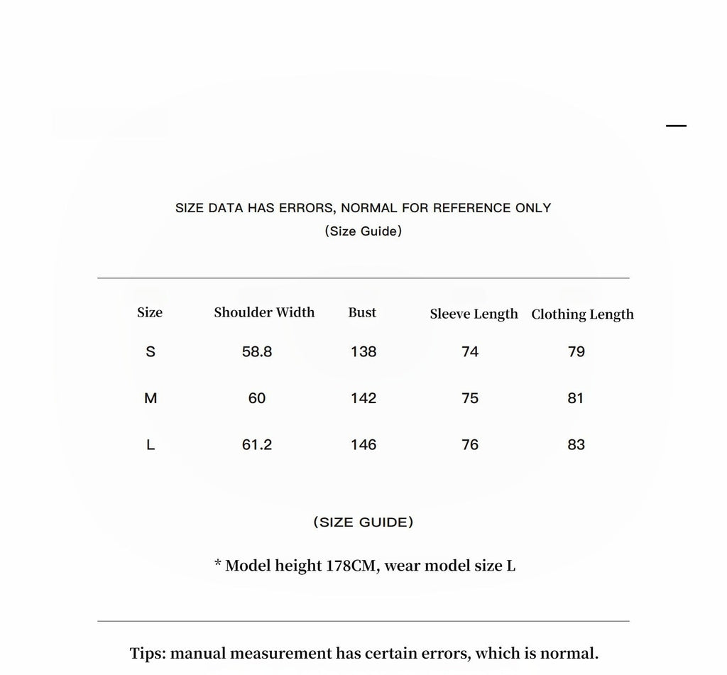 "Amber Pine Forest" parka size chart in cm for sizes S, M and L