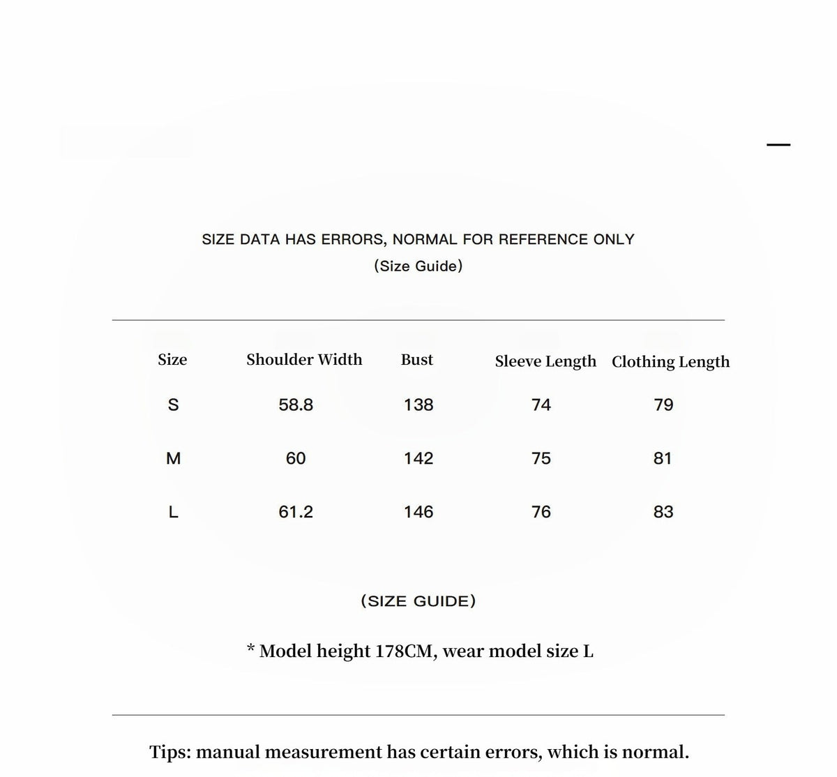 "Amber Pine Forest" parka size chart in cm for sizes S, M and L