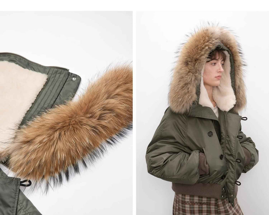 Raccoon Fur Collar Down Bomber Jacket with Detachable Hood and Waterproof Shell