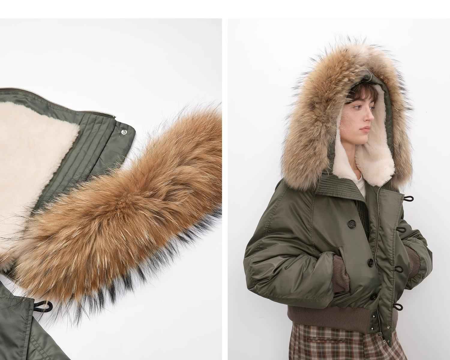 Raccoon Fur Collar Down Bomber Jacket with Detachable Hood and Waterproof Shell