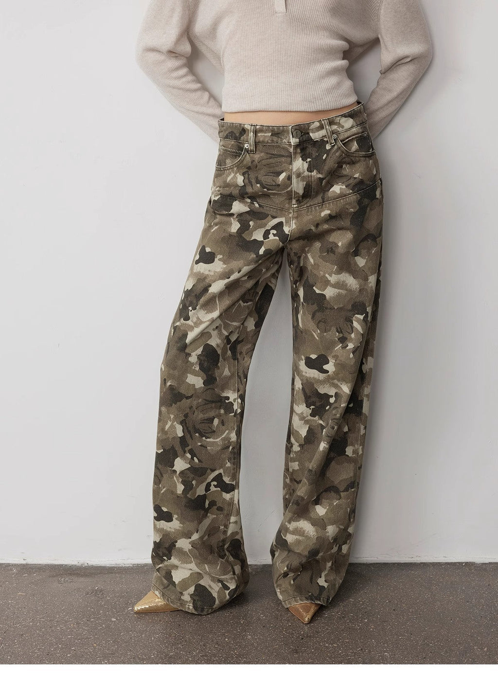 “Camouflage Charm” Washed Camouflage Print Loose Straight-Leg Denim Jeans