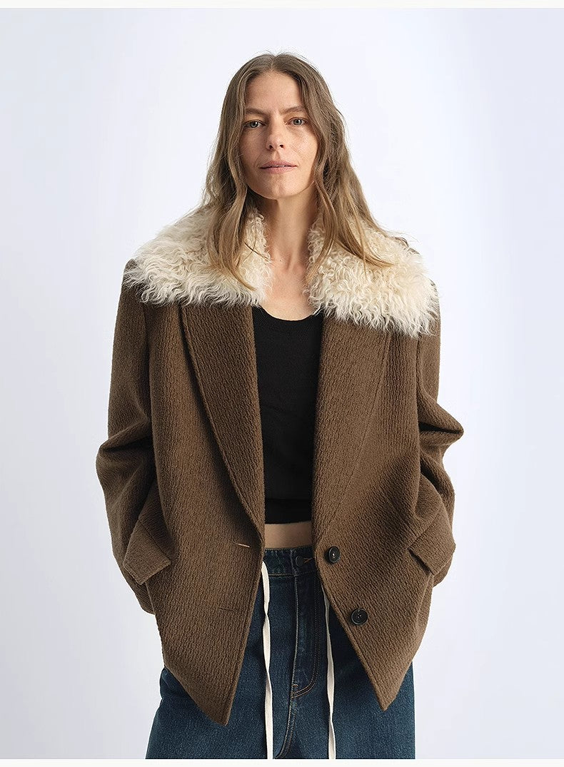 "Vertical Texture" brown tweed coat with cream fur collar, front view