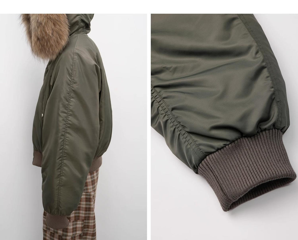 Raccoon Fur Collar Down Bomber Jacket with Detachable Hood and Waterproof Shell