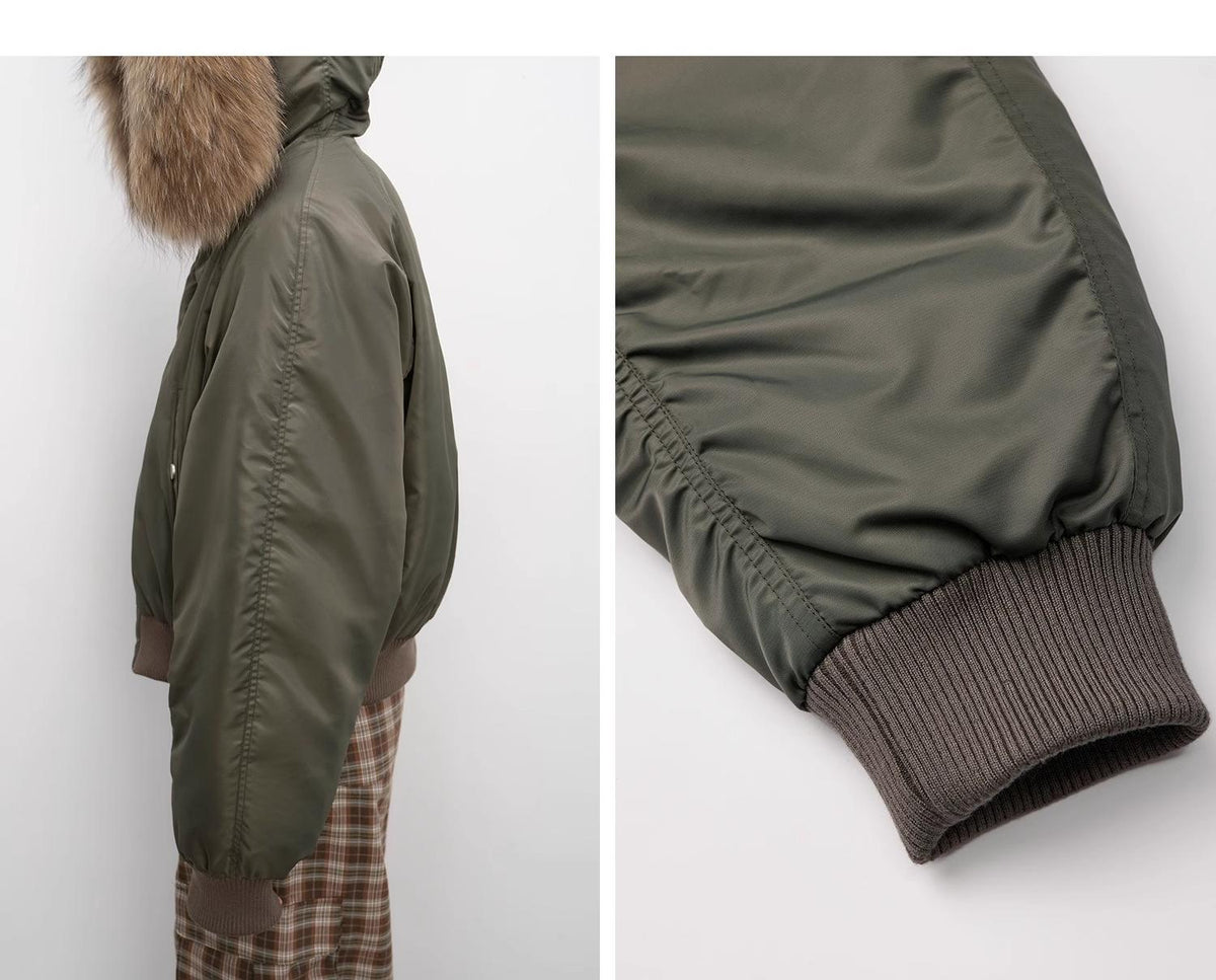 Raccoon Fur Collar Down Bomber Jacket with Detachable Hood and Waterproof Shell